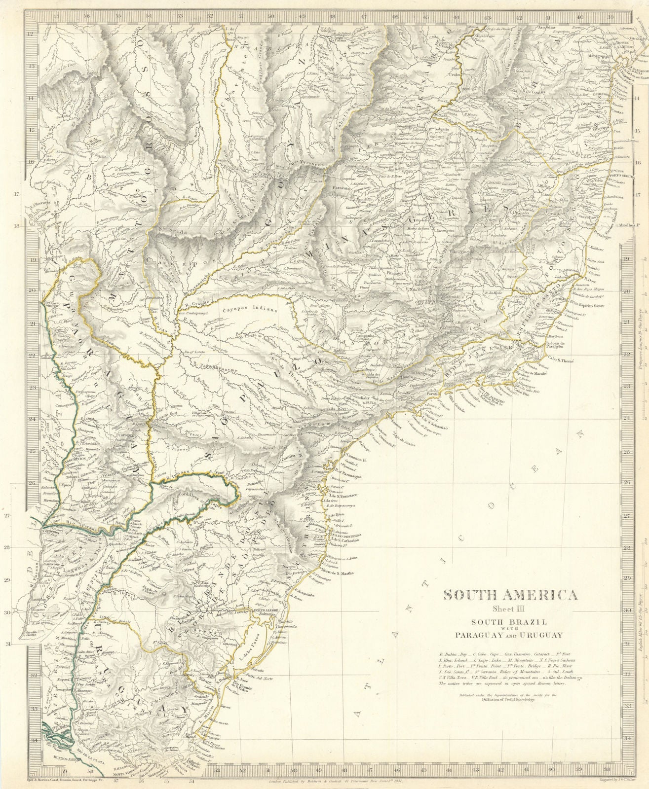 SOUTH BRAZIL PARAGUAY URUGUAY. Bahia Minas Gerais Sao Paolo. SDUK 1844 old map